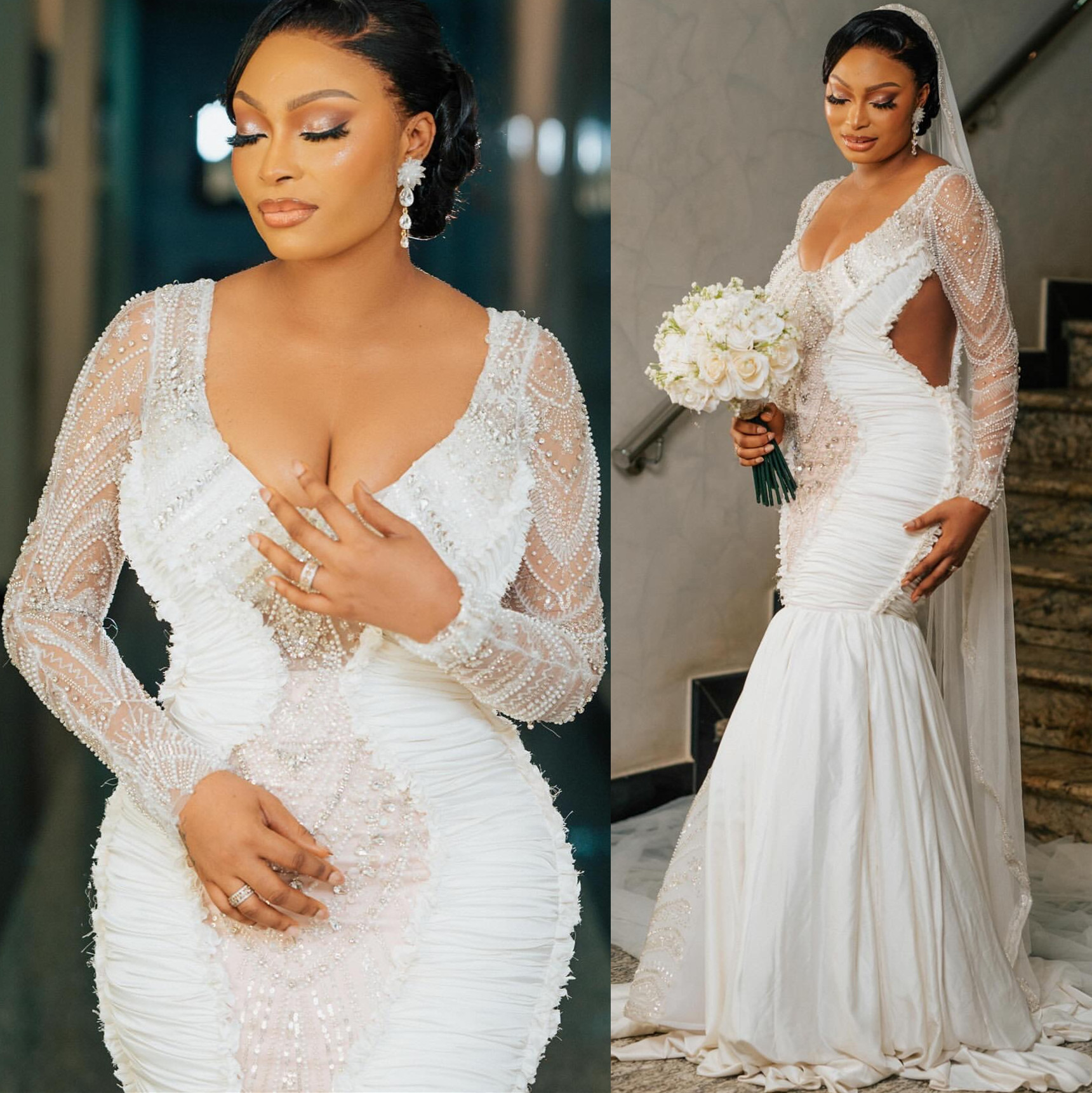 Aso Ebi 2024 Ivory Mermaid Wedding Dress Beaded Crystals Deep V-neck Satin Luxurious Bridal Gowns Dresses LF034