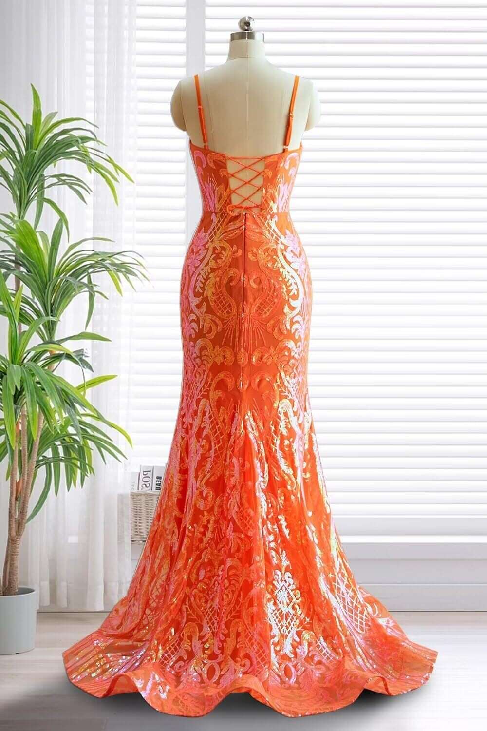 V Neck Sequin Prom Mermaid Evening Dresses for Women Spaghetti Straps Formal Gown with Slit prom AMZ