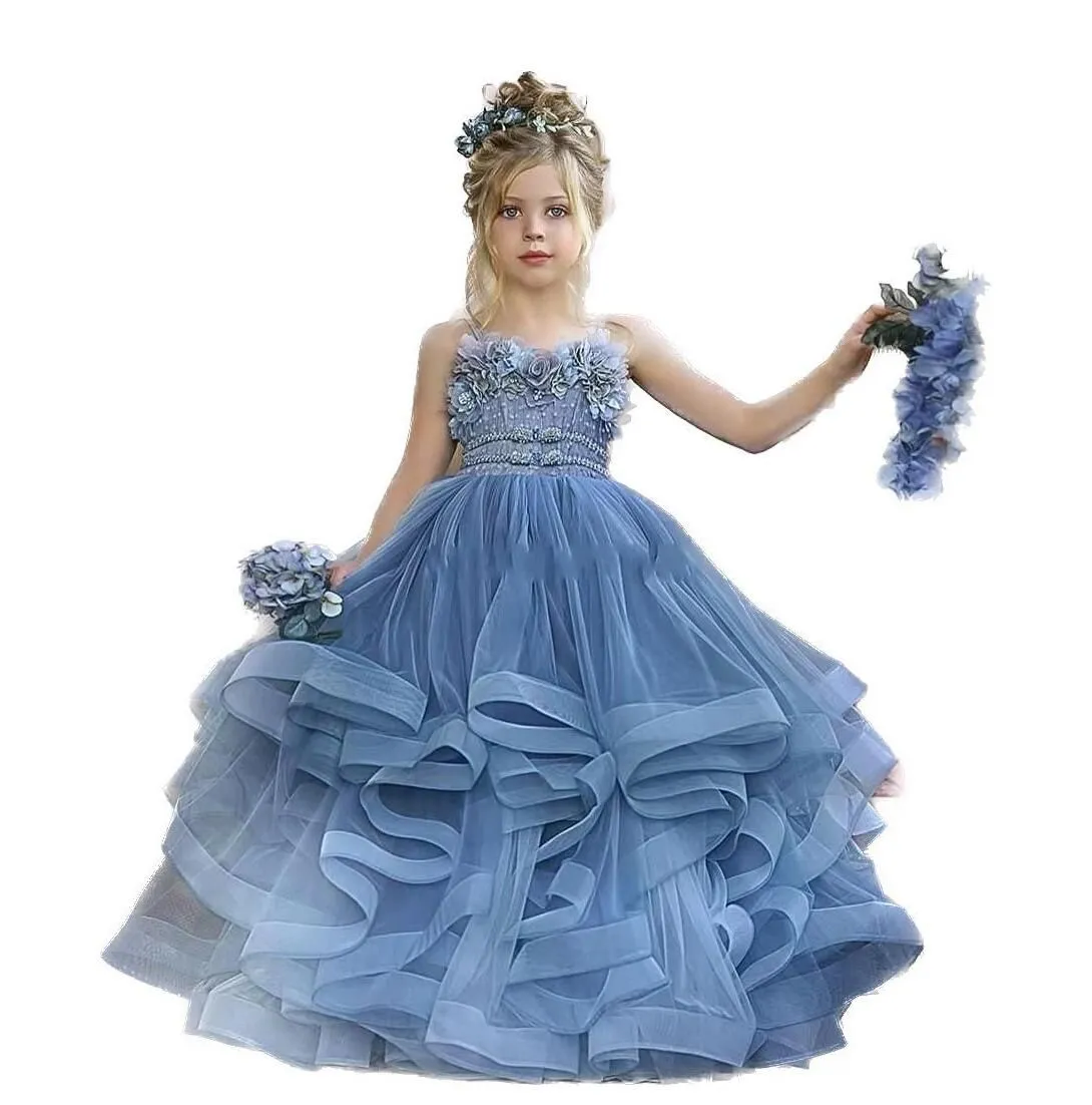 Cute Wer Girl Dresses For Wedding Spaghetti Lace Ral Appliques Tiered Skirts Girls Pageant Dress Kids Birthday Party Gowns Bc