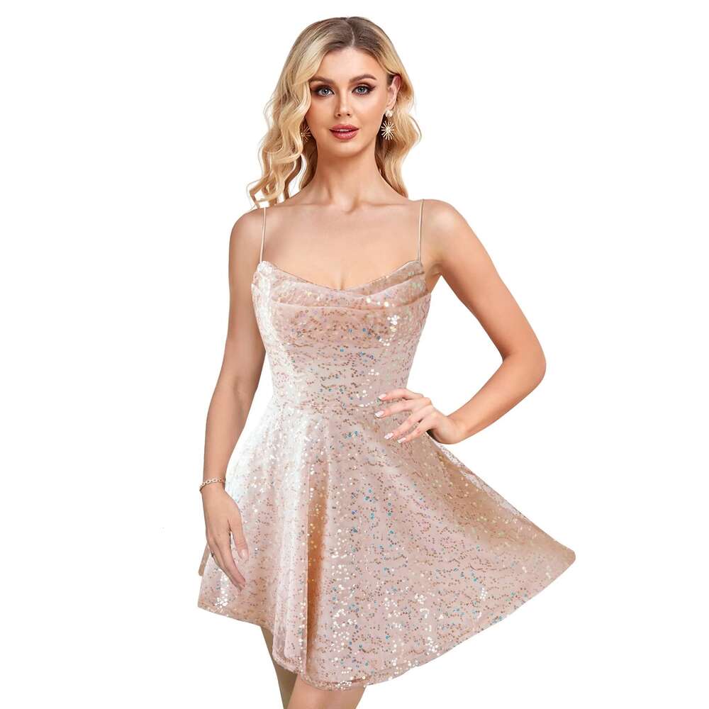 MARSEN Cowl Neck Sequin Homecoming Short Prom for Teens Spaghetti Straps Formal Evening Party Dresses prom AMZ