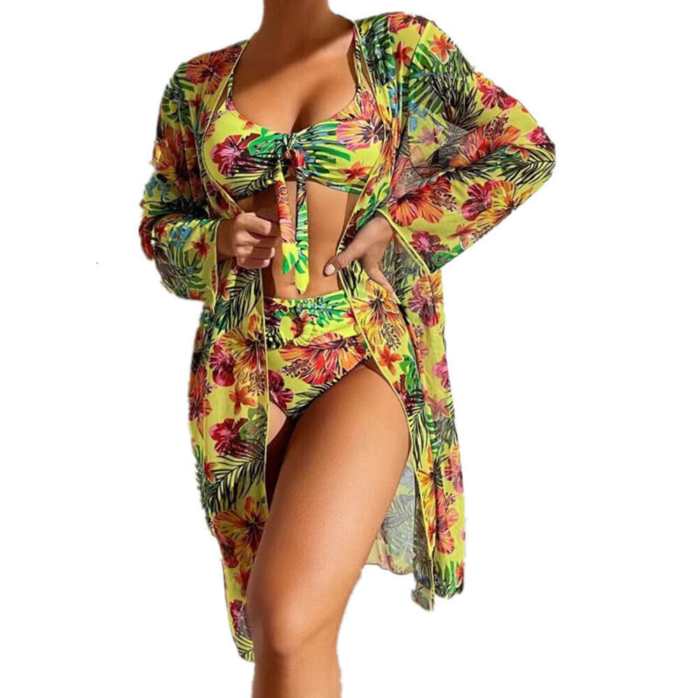 ddmytiger New Sexy Long sleeved Mesh Mask Shirt Split Printed Bikini Swimsuit H