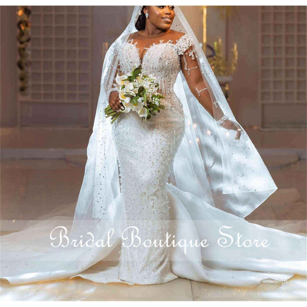 Plus Urious Size Sparkly Bridal Gowns With Veil Beads Appliques Sheer Sleeves Pearls Crystals Wedding Dress Vestido De Novia 6660311