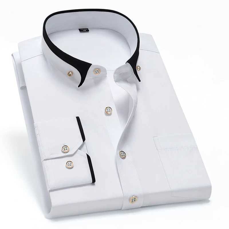 Men's Dress Shirts New Mens Contrast Collar Stretch Long Slve Shirt Business Casual Comfortable Non-Iron Shirt Slim Fit Youth Solid Color Y240514