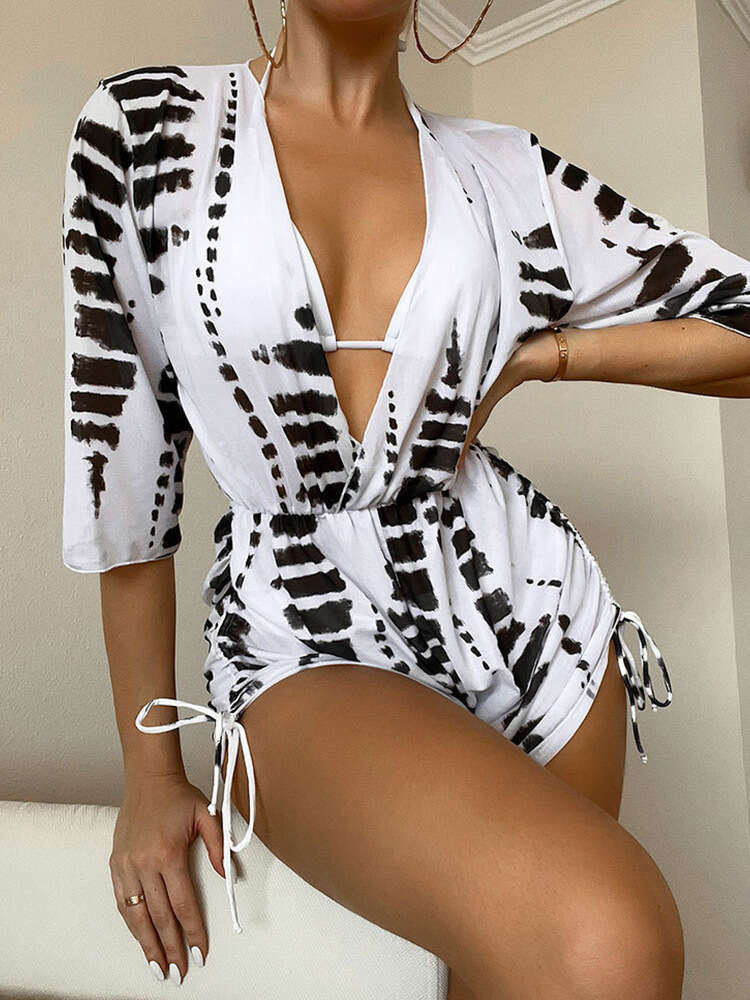 ddmytiger New Fashion Leaf Print Three piece Set Long sleeved Sunscreen Bikini Women s Swimsuit H