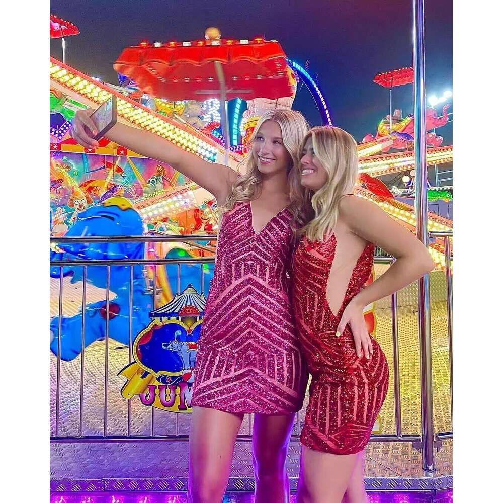 WWOM Deep V Neck Prom Short 2024 Sequin Homecoming Dress for Teens Tight Mini tail Dresses prom AMZ