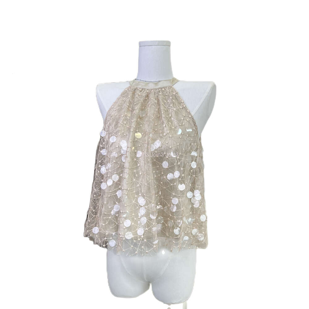 Womens summer halter neck tanks sleeveless embroidery paillette sequined loose vest camis top