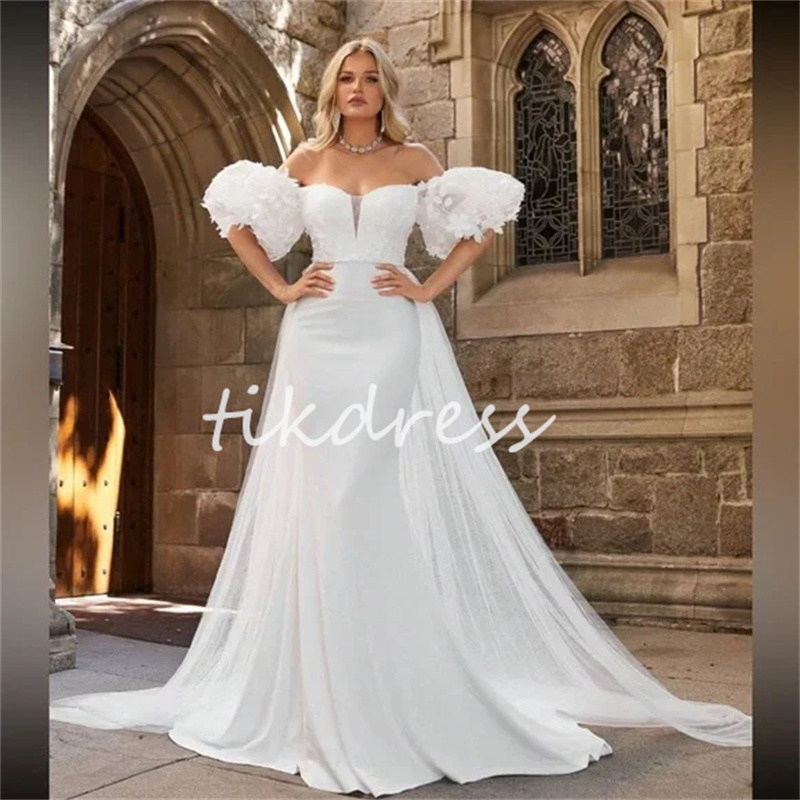 Charming Off Shoulders Mermaid Wedding Dresses With Overskirt Train Puff Sleeve Boho Bridal Dress 2024 Elegant Bohemian Bride Dress Celtic Country Ves