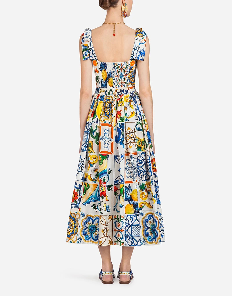 Runway Flower sexy Dress Summer Womens Bow Spaghetti Strap Sundress Blue And White Porcelain Floral Long 240514