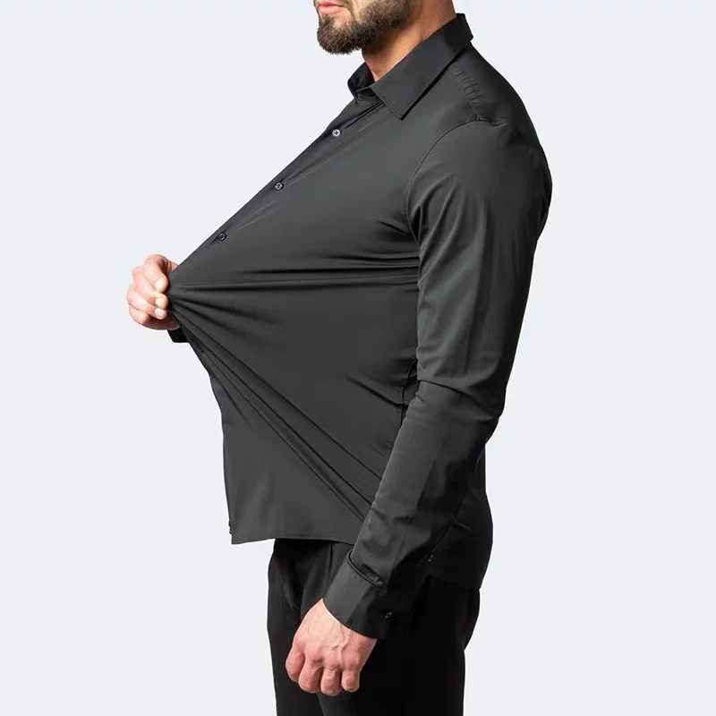 Men's Dress Shirts High elastic mens white shirt solid color business slim fitting non ironing professional work clothes long slved shirt Y240514
