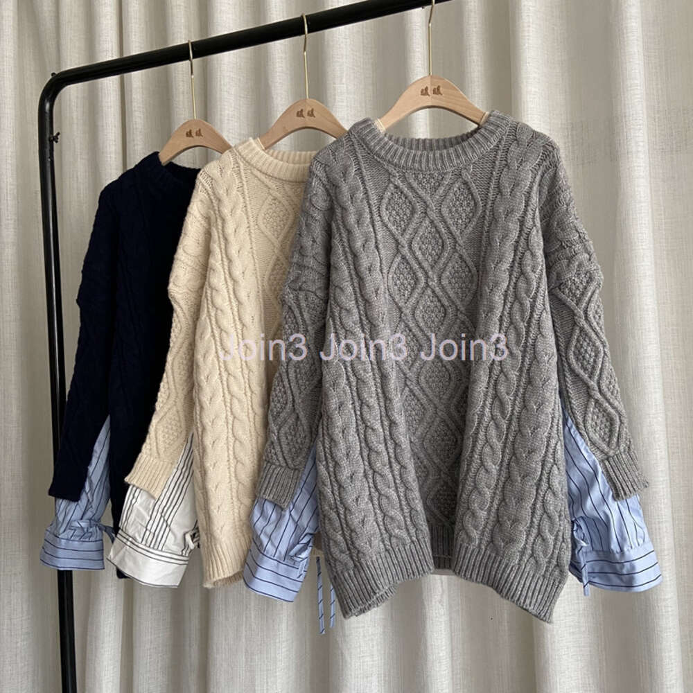 Autumn winter New design womens o-neck coarse wool knitted loose palazzo pullover jumper shirt patched faux 2 pcs sweater tops