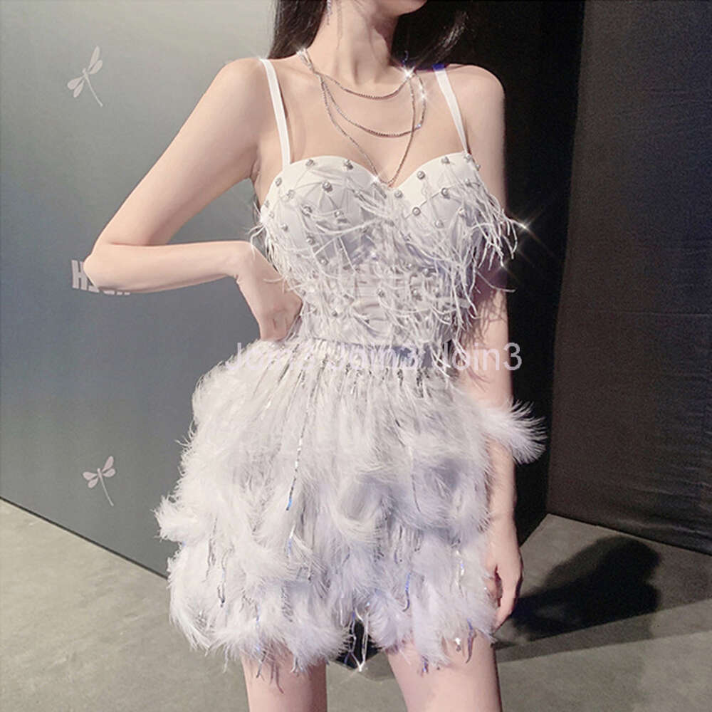 Womens spaghetti strap beading rhinestone ostrich fur patched sexy bustier short tanks camis SML