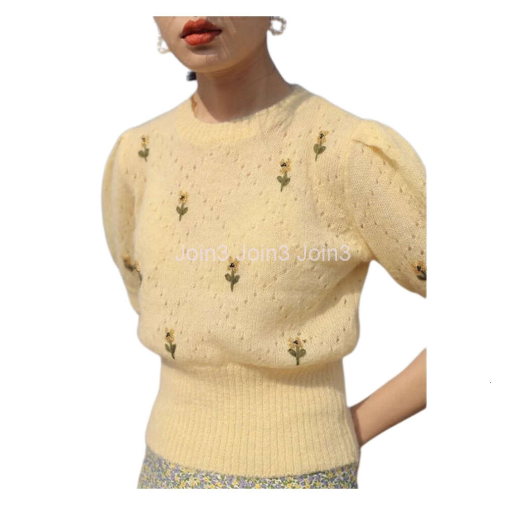 Womens summer short puff sleeve o-neck embroidery flower knitted tees shirt tops SMLXL