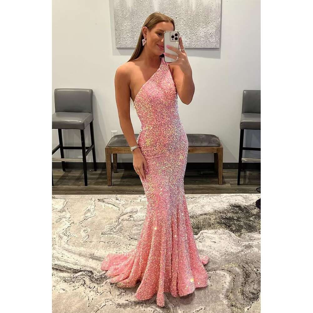 One Shoulder Sequin Prom Dresses Long Mermaid Formal Evening Gowns Sparkly Party Dress Sier Size 8 prom AMZ