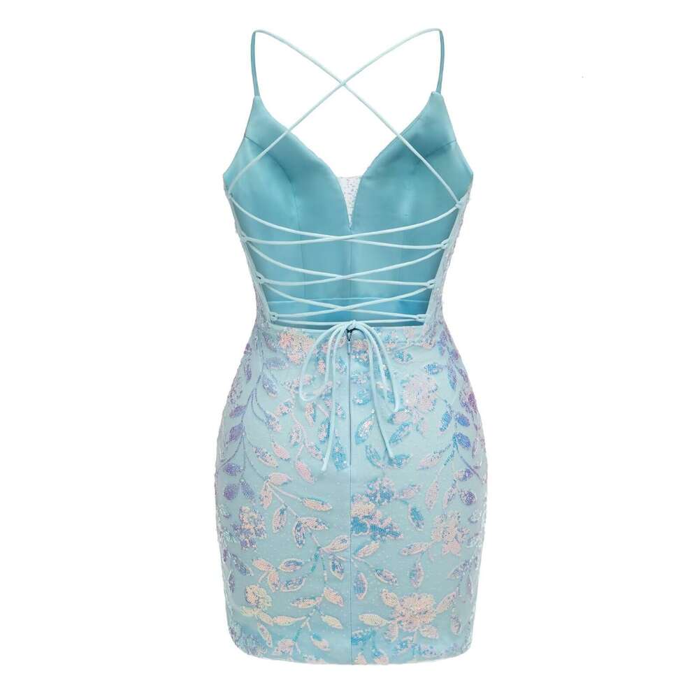 V Neck Short Prom Teens Sparkly Sequin Appliques Homecoming Backless Wrap tail Dress prom AMZ