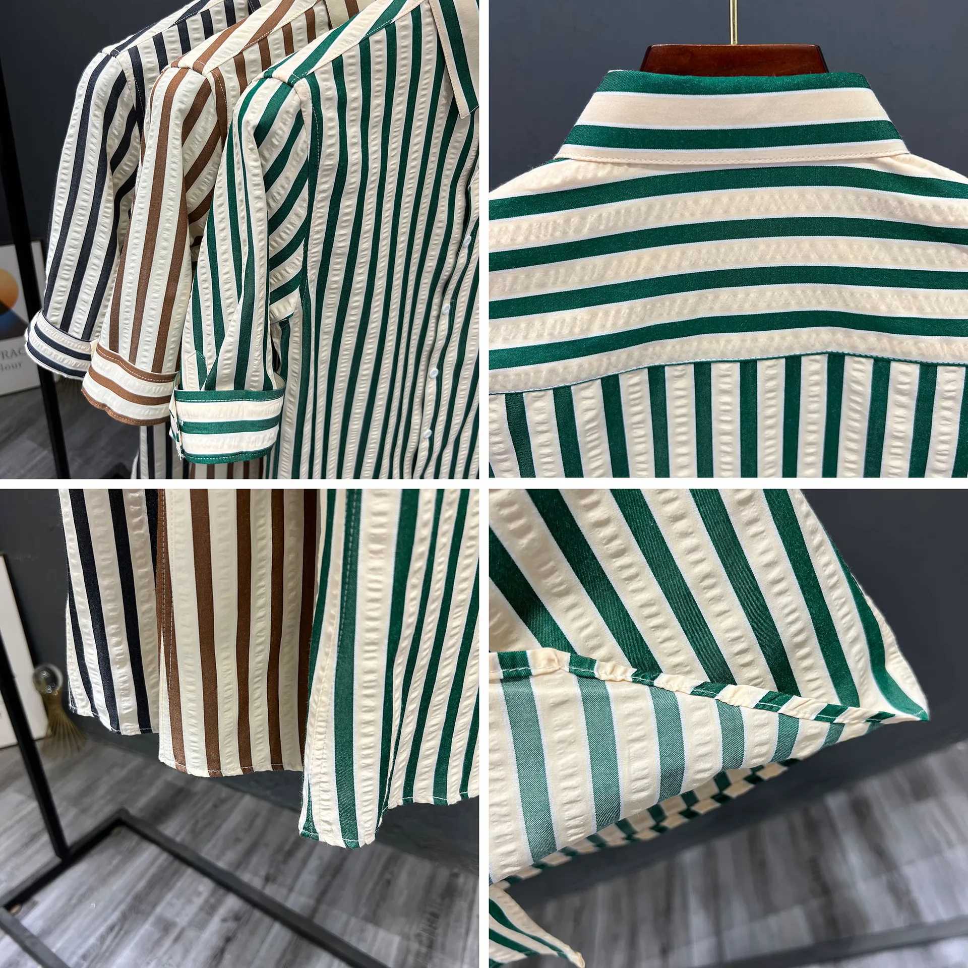 Men's Dress Shirts Men Stripes Shirts Short Slve 2023 Summer Turn-down Collar Tops Casual Fashion Blouse Slim Male Single-breasted Shirts Y240514
