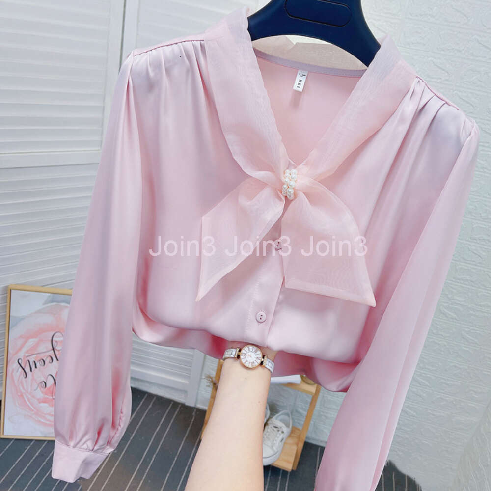 Womens blouse organza bow patched v-neck satin fabric shirt SML