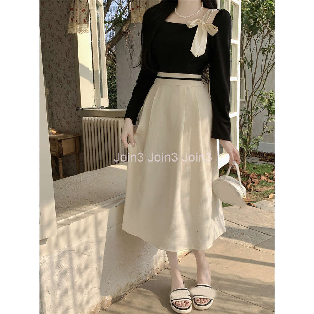 Womens square collar bow patched long sleeve color block high waist midi long a-line dress SML