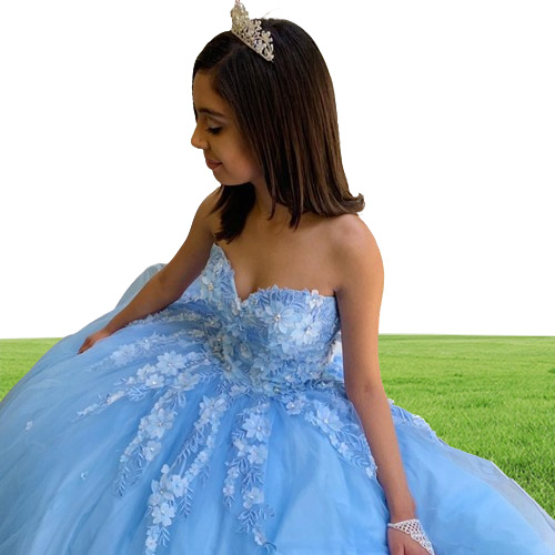 Abendkleider Sweet 16 Prom Dresses Sweetheart 3DApplique Sky Blue Tulle Quinceanera Dresses Long Party Formal Gowns