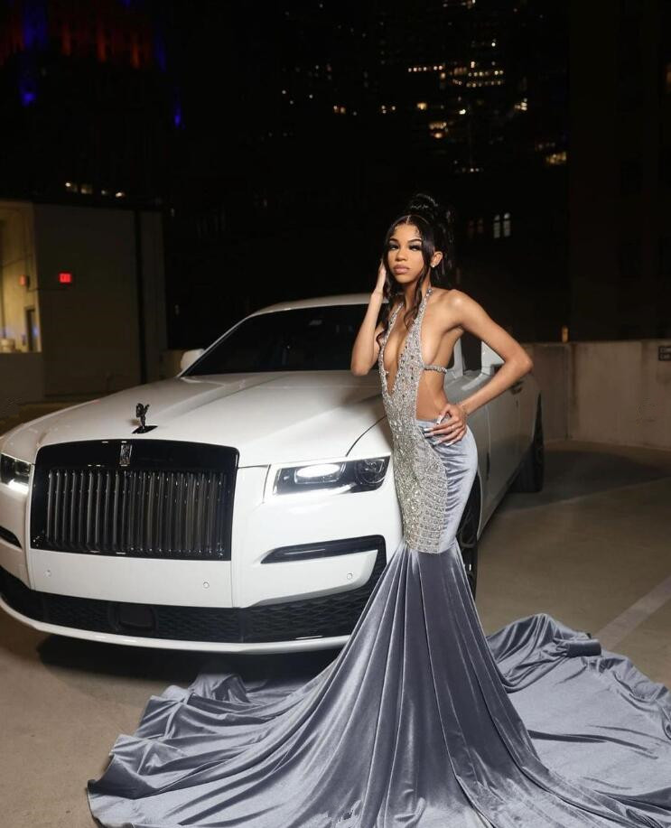 Silver Grey Sparkly Evening Pageant Party Dress for Black Girl 2025 Luxury Diamond Velvet Sheer Prom Birthday Gala Dresses