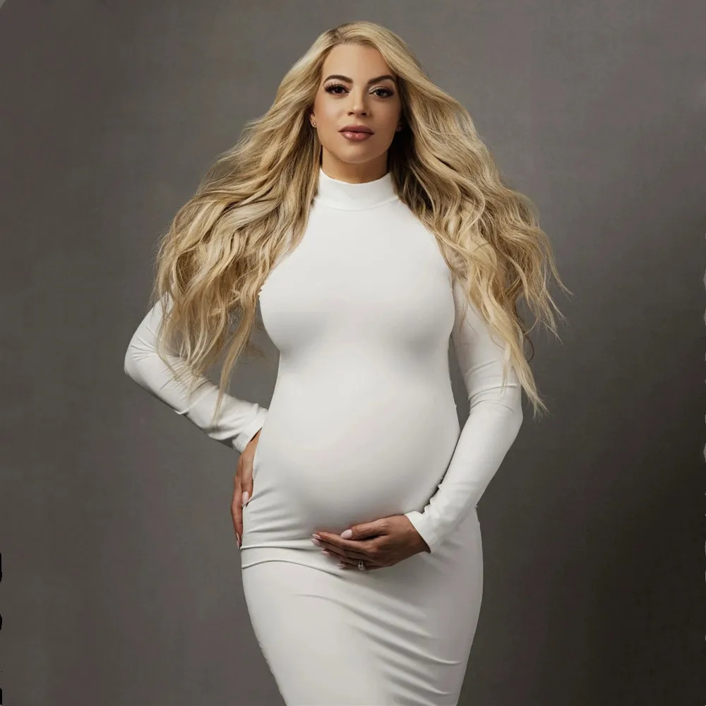 High Neck Stretchy Baby Shower Long Dresses Full Sleeve Skinny Maternity Pography Prop Dress 240513