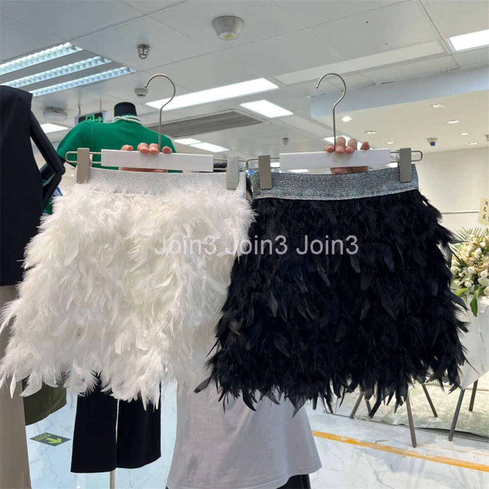 Womens high elastic waist real ostrich fur feather patched short mini skirt