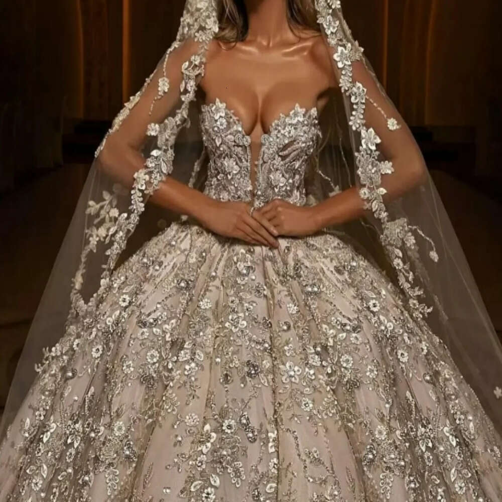 Exquisite or-length Wedding Dress Shiny Deep V-neck Bridal Gown Sleeveless Bride Dresses Vestido De Novia
