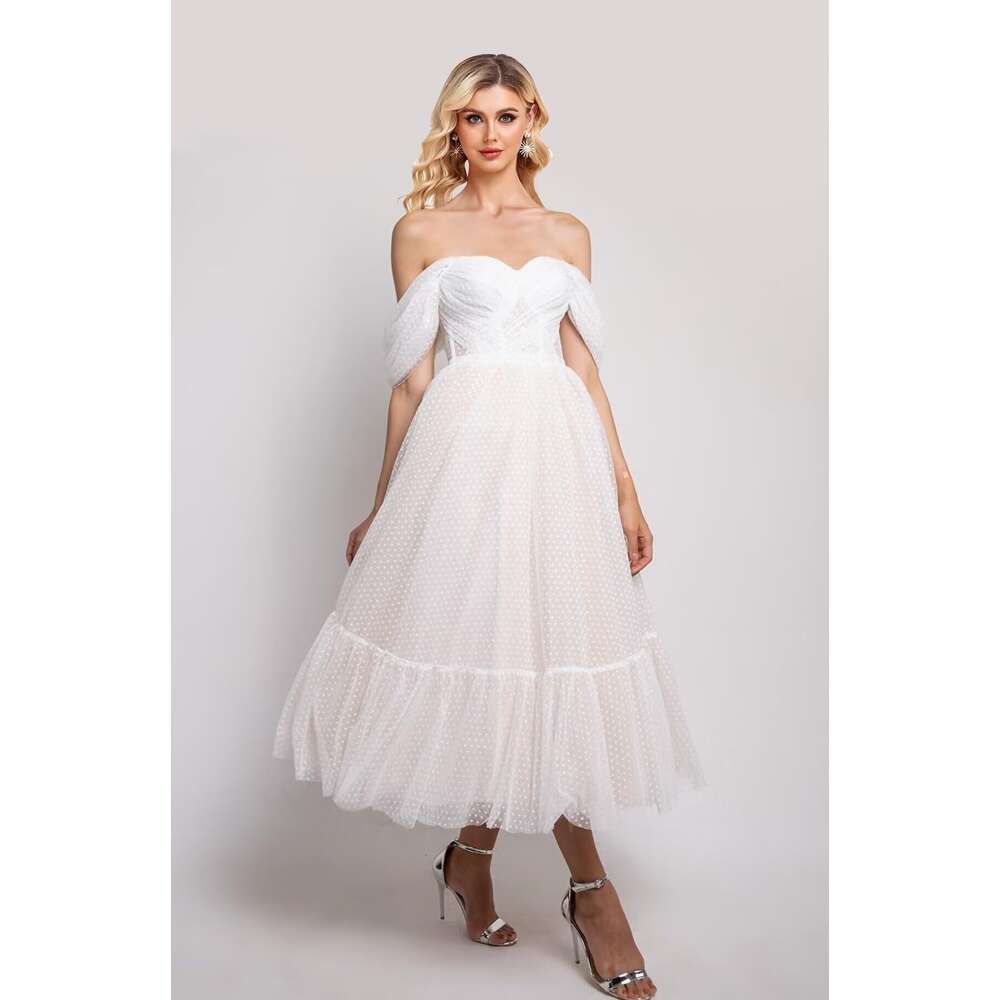 Off The Shoulder Tulle Prom Tea Length Formal Party Dresses for Women Sweetheart A Line Evening Gown prom AMZ