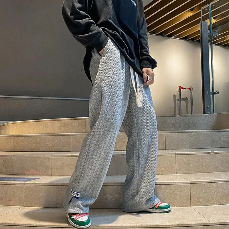 Men Trendy Sweatpants High Waist Fashion Vintage Blue Jacquard Casual Bottoms Loose Side Slit WidLeg Pants Male 240509