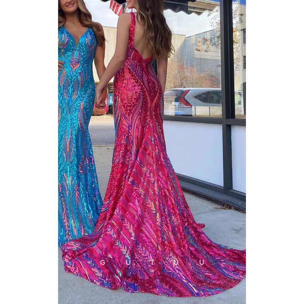 Deep V Neck Sequin Prom Mermaid Formal Gown Women Backless Evening Dress for Party prom AMZ