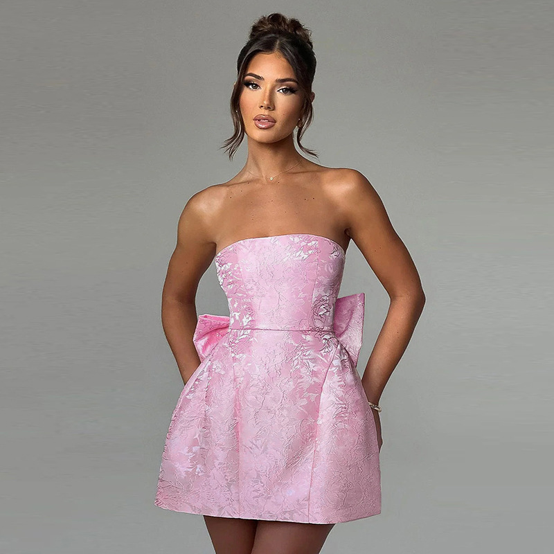 2024 Pink Graduation Dresses Fashionable and sexy jacquard tube top mini dress bow tie backless summer dresses for women
