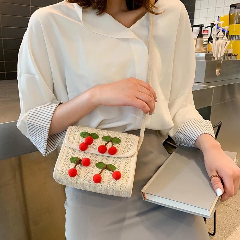 Totes Summer Straw Handmade Messenger Bags Women Woven Cute Cherry Shoulder Handbag Flap Beach Mini Square Crossbody zhanyishengli
