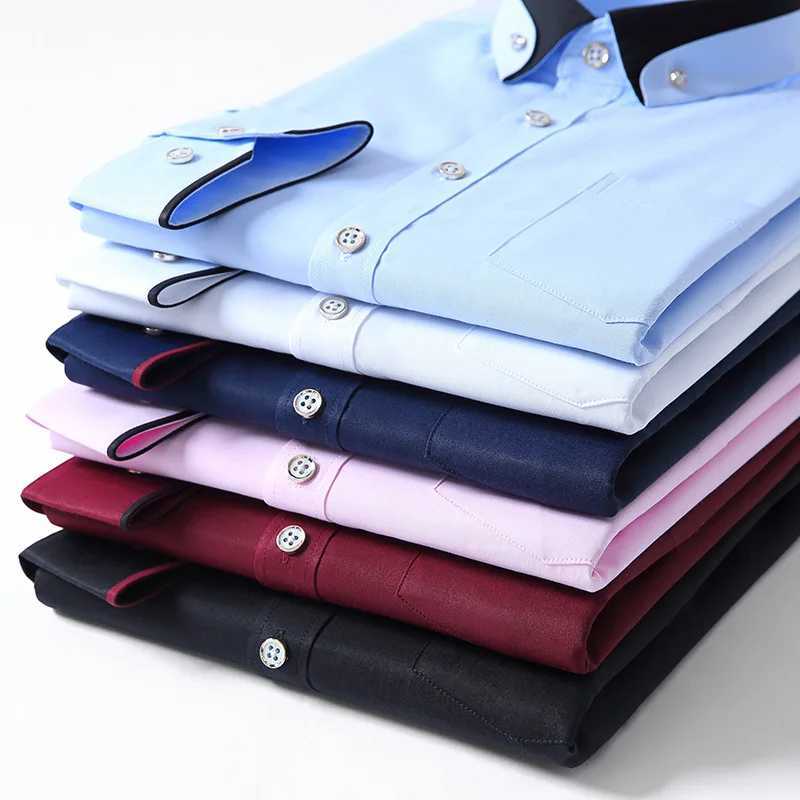 Men's Dress Shirts New Mens Contrast Collar Stretch Long Slve Shirt Business Casual Comfortable Non-Iron Shirt Slim Fit Youth Solid Color Y240514