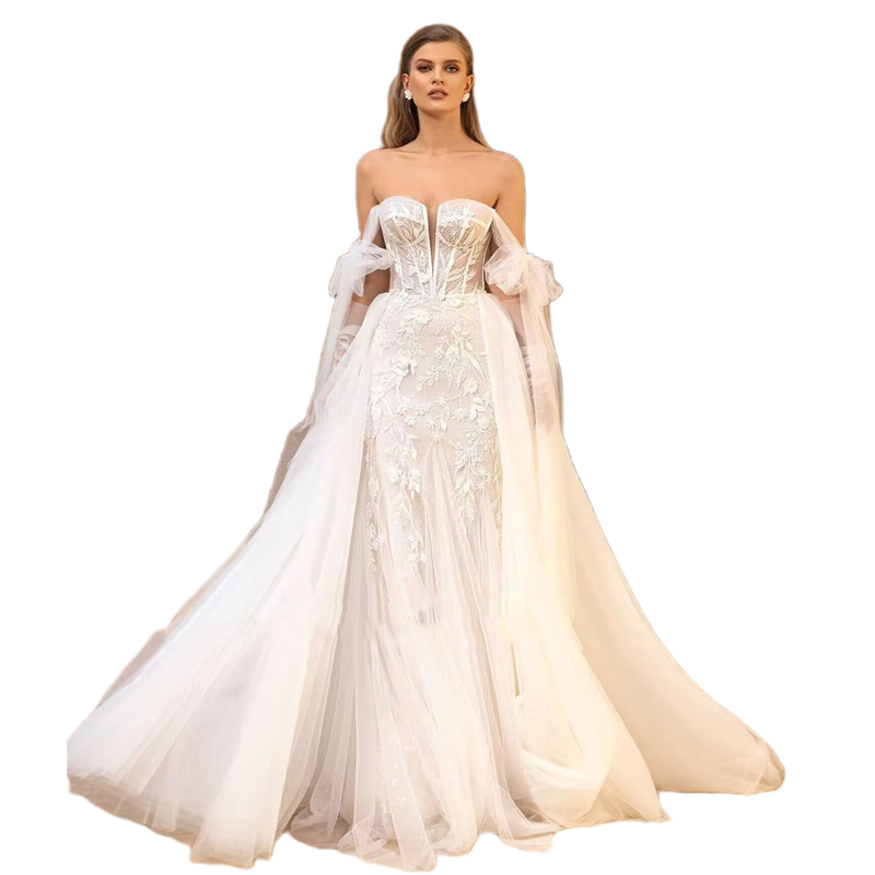 3D Floral Lace Appliques Mermaid Wedding Dresses With Detachable Train 2024 Straps Off Shoulder Long Tulle Sexy Backless Boho Beach Bridal Gowns Ivory