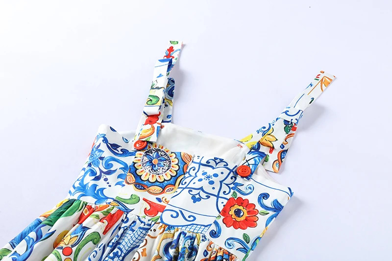 Runway Flower sexy Dress Summer Womens Bow Spaghetti Strap Sundress Blue And White Porcelain Floral Long 240514