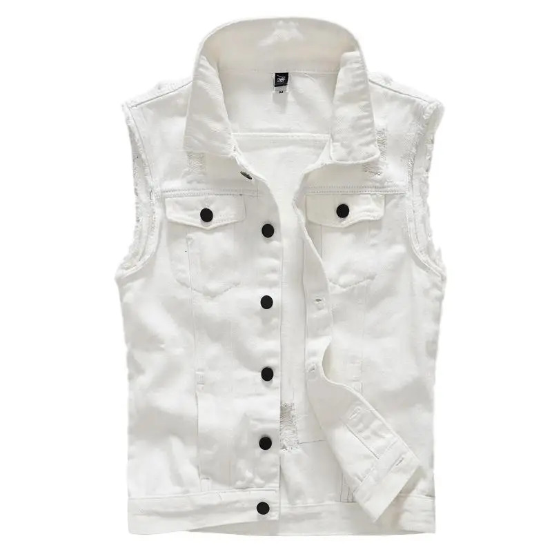 Idopy Korean Mens White Denim Vest Ripped Distressed Waistcoat Jeans Sleeveless Jacket For Male 240509