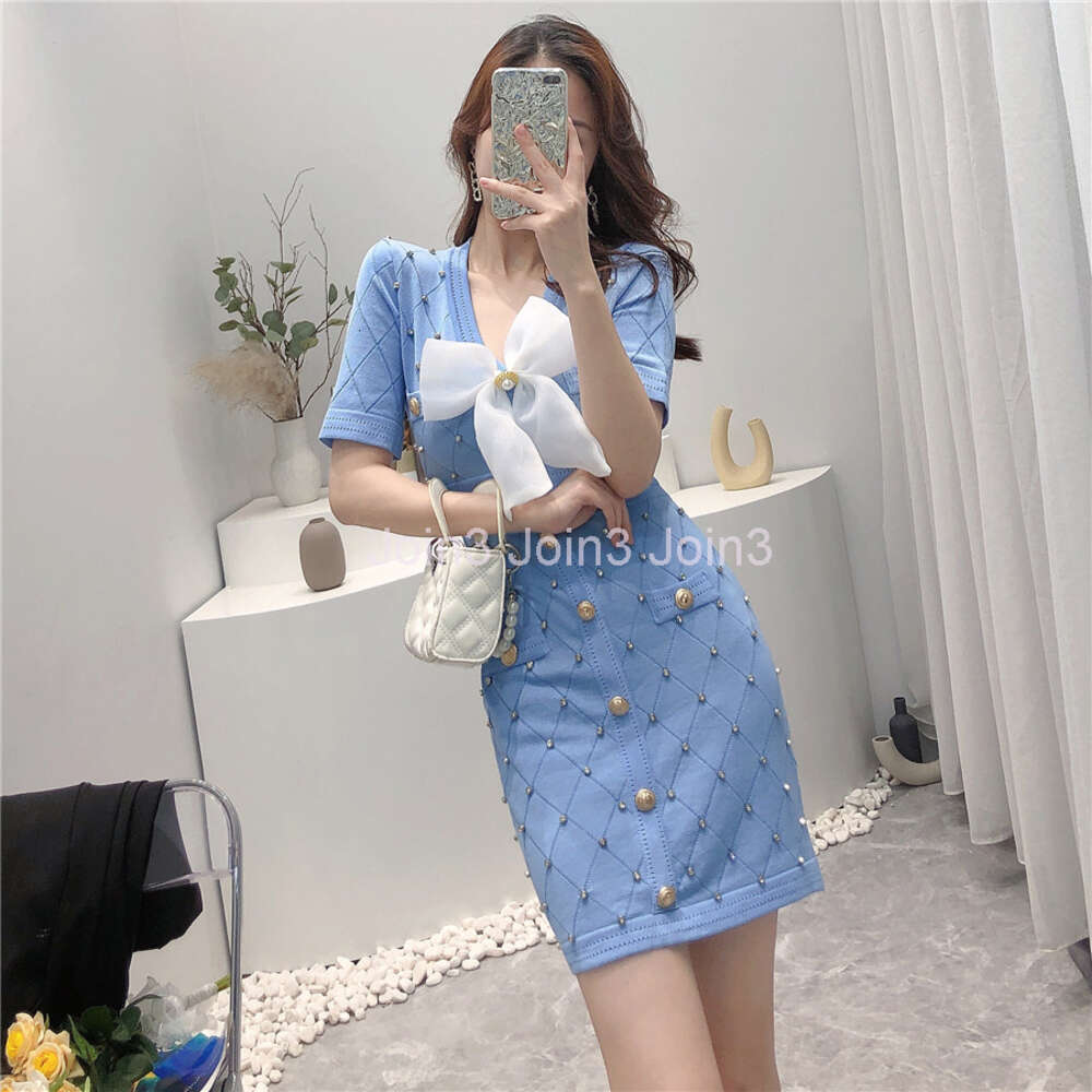 New design womens summer v-neck short sleeve bow patchwork cute sexy bodycon tunic rhinestone knitted sweater dress