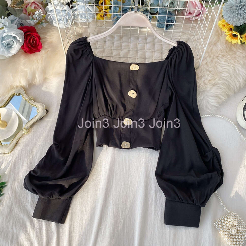 New design womens retro fashion square collar lantern long sleeve single breasted short up-navel high waist blouse shirt tops