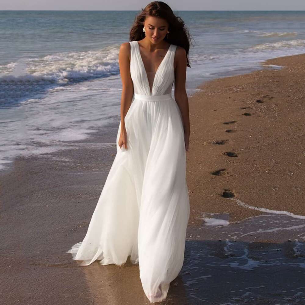 MARSEN Deep V Neck Bride Simple Tulle Beach Dress for Women Backless A Line prom Gown Ivory Size 12 prom AMZ