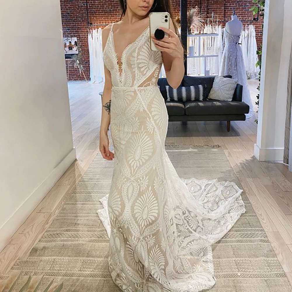 Sexy Lace V Neck Beach Mermaid Wedding Dresses 2025 Spaghetti Straps Sleeveless Summer Boho Bridal Dress Backless Vestidos De Noiva Customed