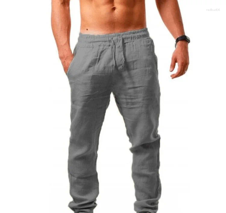 Men's Pants Men Cotton Linen Trousers Solid Color Elastic Waist Loose Long Hip-Hop Breathable Casua