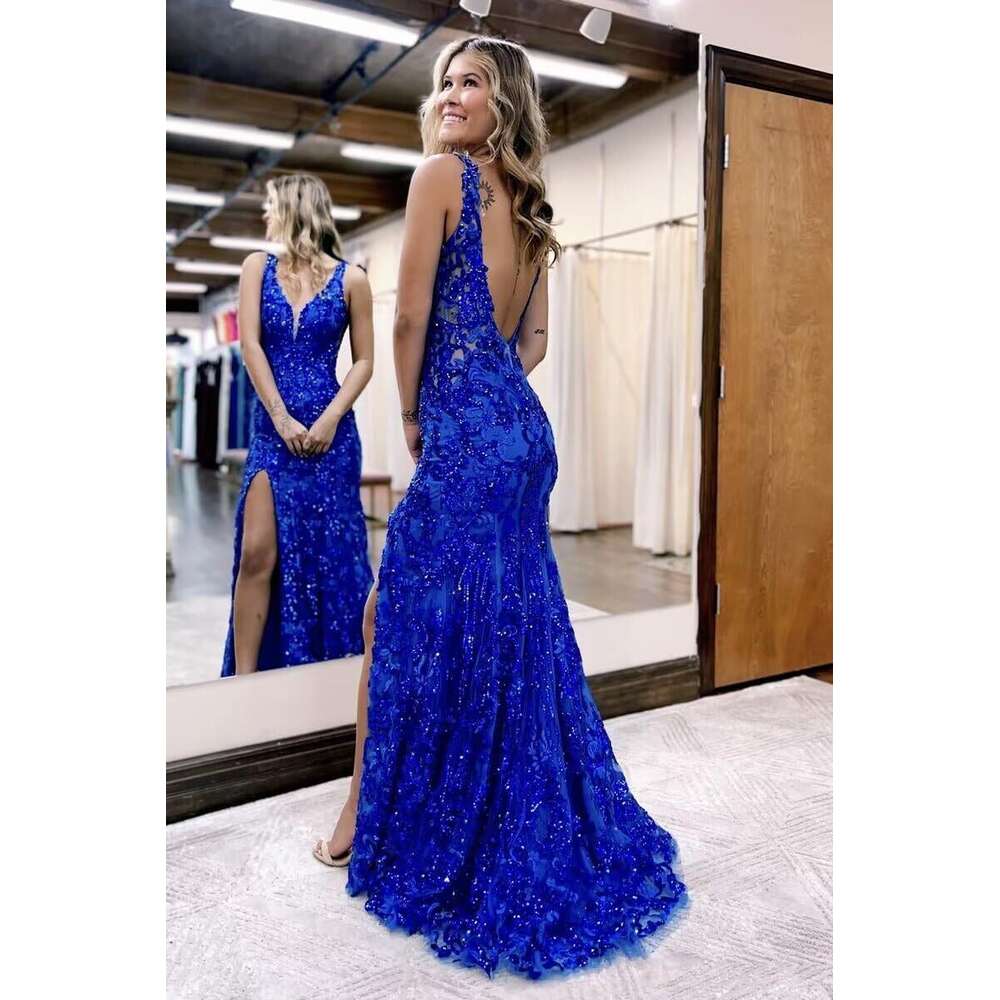 Sequin Appliques Prom Dresses 2024 Backless Sparkly Evening Dress for Women Mermaid Formal Gown with Slit prom AMZ