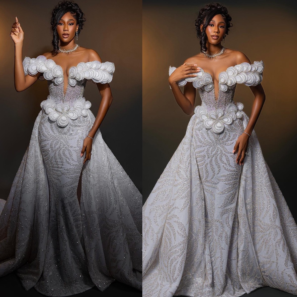 Stunning crystal Mermaid Wedding Drs with detachable train appliqued off shoulder Bridal Gowns for black women backls African Arabic plus size wedding