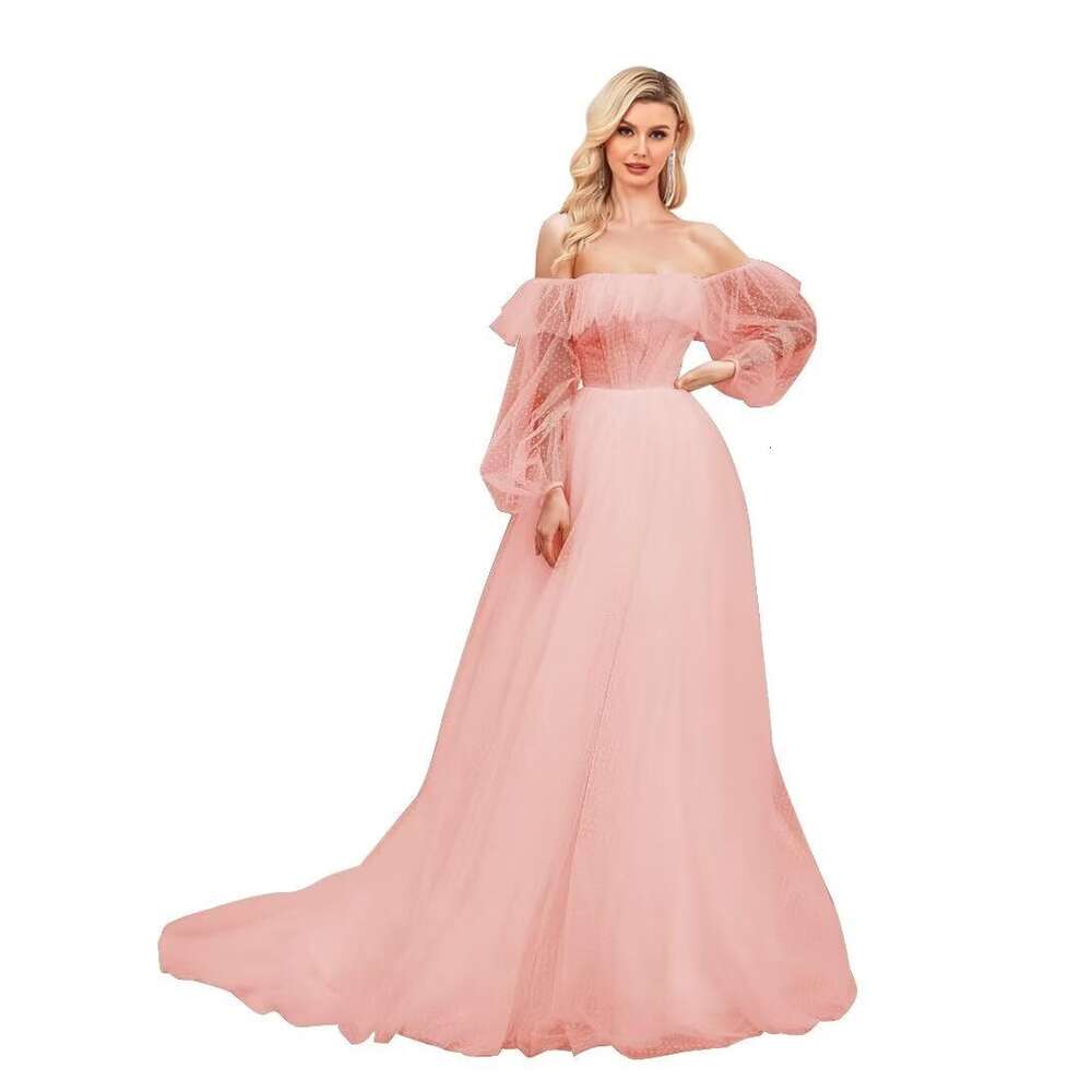 Off Shoulder Puffy Sleeve Ball Gown Tulle Prom Ruffle prom Dresses for Bride prom AMZ
