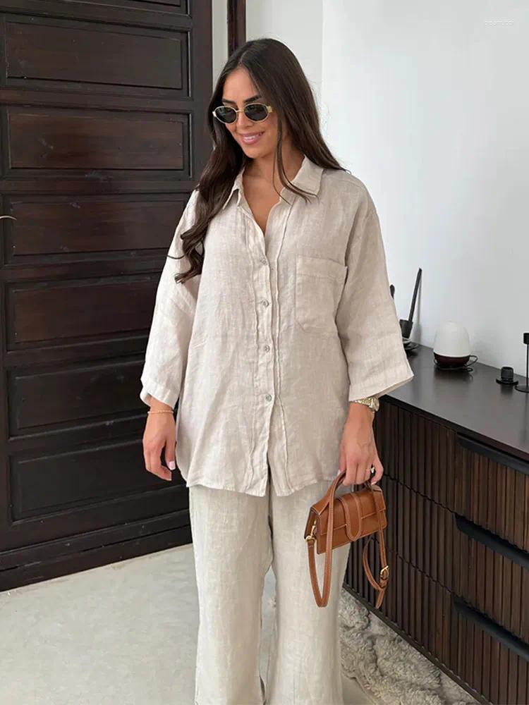 Womens Two Piece Pants Women Casual Solid Set Loose Lapel Long Sleeve Single-breasted Shirt Suit Lady High Waist Straight Leg Street Outfit