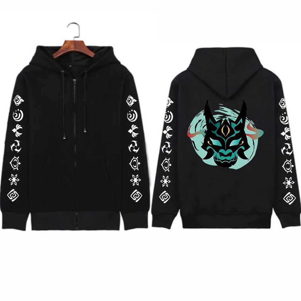 Men's Hoodies Sweatshirts Genshin Impact Xiao Mask Fangs Anime Print Zipper Hoodies Men Women Harajuku Fashion Long Slve Plus Size Zipper Jacket 