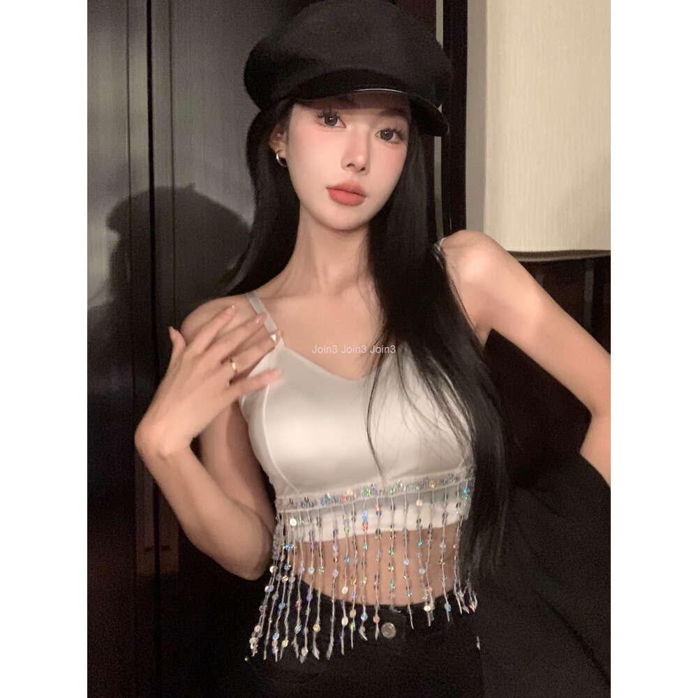 Womens sexy spaghetti strap padded bustier beading tassel bottom short tanks camis