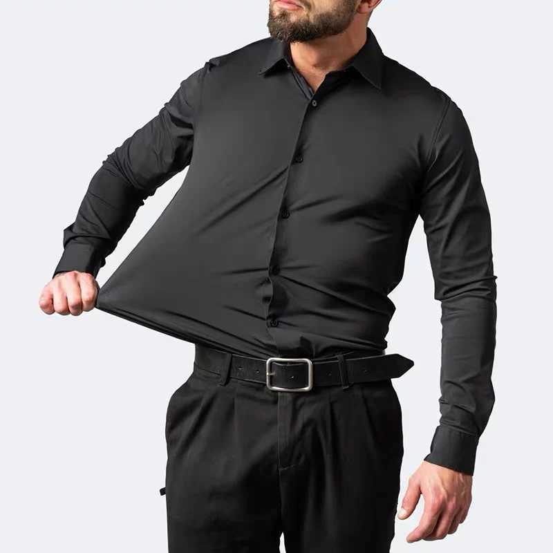 Men's Dress Shirts High elastic mens white shirt solid color business slim fitting non ironing professional work clothes long slved shirt Y240514