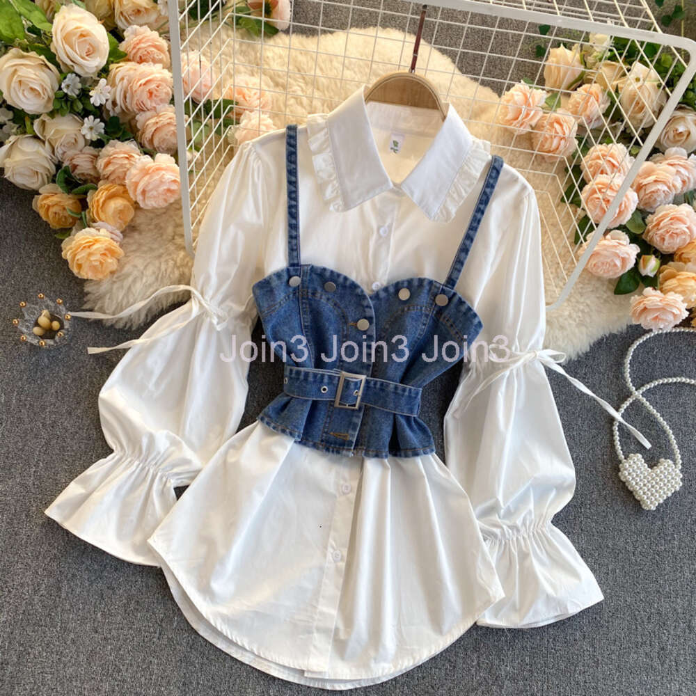 New fashion womens turn down collar puff long sleeve jeans vest patchwork solid color blouse shirt