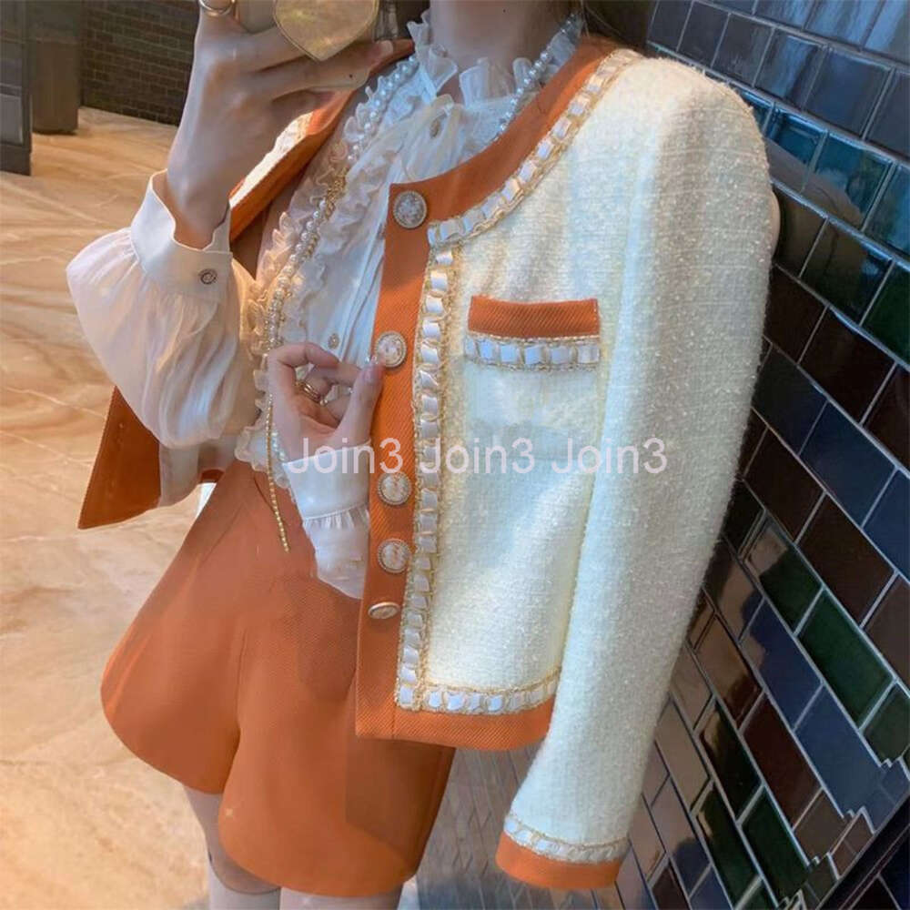 Womens long sleeve tweed jacket shorts 2 pcs pants suit orange color block woolen coat set SMLXL