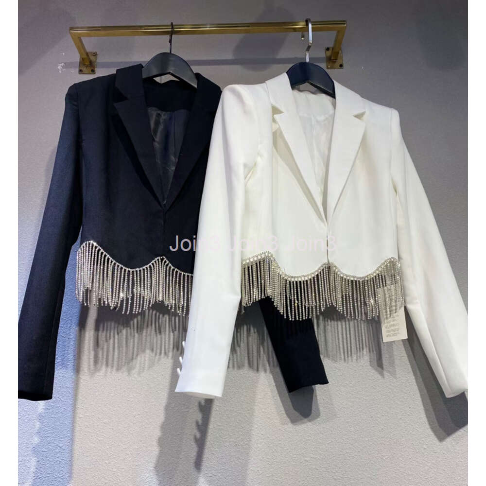 Womens turn down collar rhinestone tassel bottom short blazer suit coat SML